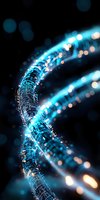 Glowing blue spiral DNA helix structure with digital pattern and light particles against dark background, representing genetic research and biotechnology advancement.