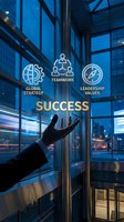Silhouette of male hand reaching toward glowing success icons with global strategy, teamwork, and leadership values symbols on modern office building window at night, representing business growth and corporate achievement.