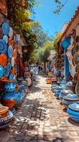 Narrow cobblestone alley lined with colorful ceramic pottery and plates in blue and orange tones, traditional artisan market with sunlit pathway and decorative crafts.