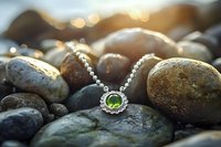 Elegant silver pendant with green gemstone resting on smooth river rocks at sunset, soft bokeh background creates dreamy atmosphere for jewelry photography.