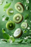 Fresh kiwi fruit slices floating with green leaves and water droplets against vibrant green background for food advertising and packaging design.