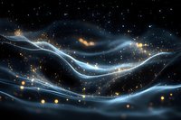 Glowing blue waves of light flow through starry dark space with golden particles, creating an ethereal cosmic abstract background for astronomy designs.