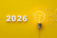 White 2026 numbers with light bulb and network connections on bright yellow background, symbolizing future innovation and creative ideas.