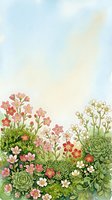 Watercolor spring garden with pink and white wildflowers, succulents, and soft sky background, copy space for text, greeting card design.