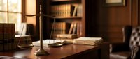Golden scales of justice on wooden desk in traditional law office with leather chair and bookshelf background for legal services and attorney consultation.