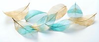 Delicate translucent skeleton leaves in soft turquoise and beige tones arranged on white background for natural botanical design and decoration projects.