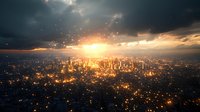 Dramatic aerial cityscape at sunset with glowing skyscrapers and dark storm clouds overhead, illuminated by golden sunbeams breaking through, creating magical atmosphere.