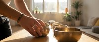 Caucasian woman's hand touching golden singing bowl during meditation session in bright, sunlit wellness space with plants and cushions.