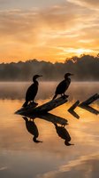 Two cormorants perched on a fallen log at sunrise, silhouetted against golden water and misty morning sky. Wildlife and nature photography for editorial and design use.