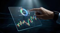 Man's hand touching holographic financial chart with candlestick graphs and pie chart on digital tablet for stock market analysis and trading data visualization.