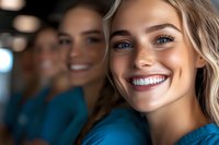 Young Caucasian woman with bright white smile and blue eyes wearing turquoise outfit, with blurred female colleague in background. Natural dental care concept.