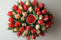 Fresh red and cream tulip bouquet arranged in circular pattern with bowl of tomato sauce in center, viewed from above on neutral background.
