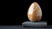 Speckled quail egg on gray stone against black background, dramatic lighting highlights natural pattern and texture. Minimalist food photography composition.