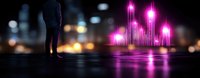 Silhouette of person standing on reflective surface with glowing pink neon light installation creating futuristic cityscape atmosphere against dark urban background.