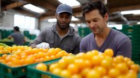 Two warehouse workers inspecting fresh oranges on sorting line. Quality control specialists examining citrus fruits during processing at distribution center.