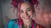 Young woman with vibrant pink hair and bright smile wearing turquoise top against blurred background, showcasing modern youth culture and colorful self-expression.