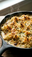 Hot baked cauliflower gratin with golden cheese crust steaming in cast iron skillet on rustic wooden table for comfort food recipes and cooking.