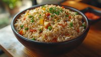 Homemade fried rice with colorful vegetables and fresh herbs served in dark ceramic bowl on wooden table, selective focus with natural lighting.