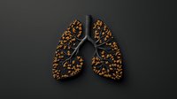 Black anatomical lungs filled with roasted coffee beans on dark background, creative food concept showing caffeine addiction and stimulant effects on respiratory system.
