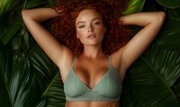 Young woman with natural curly red hair wearing mint green bralette poses among tropical palm leaves in sensual beauty portrait with soft lighting and natural makeup.
