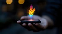 Glowing rainbow feather hologram floating above smartphone in dark environment with bokeh lights, symbolizing digital creativity and mobile technology innovation.