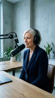 Mature woman with short white hair and Caucasian ethnicity speaking into professional microphone while wearing headphones in modern studio setting with concrete walls and plants.