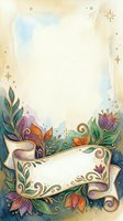 Watercolor floral frame with ornate scroll banner, gold accents, purple and green botanical elements, stars, copy space for text.