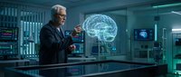 Senior Caucasian male scientist examining holographic brain model in futuristic laboratory with advanced technology displays and medical equipment.