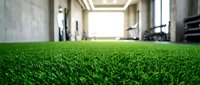 Artificial green grass flooring in modern interior hallway with natural light, suitable for residential and commercial design projects.