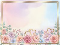 Watercolor floral border with roses, peonies, and eucalyptus on soft pastel background. Gold frame with hearts. Perfect for wedding invitations, greeting cards, and stationery design.