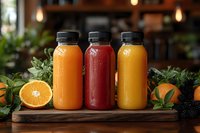 Fresh cold-pressed juices in plastic bottles on wooden board with citrus fruits and berries. Healthy detox drinks with orange, red and yellow smoothies.