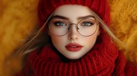 Young woman wearing red knit beanie and turtleneck sweater with glasses, bright blue eyes and red lipstick against golden autumn background, fashion portrait.