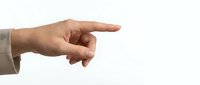 Business hand pointing finger gesture on white background for presentations and marketing materials.