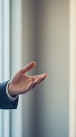 Male hand in business suit gesturing open palm in welcoming or offering pose against blurred neutral background, suitable for corporate and business concepts.