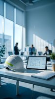 Modern office workspace with white safety helmet and laptop displaying architectural blueprints on desk with blurred business team meeting in background.