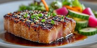 Grilled pork chop with sesame seeds and herbs served with fresh vegetable salad on white plate for restaurant menu and culinary presentations.