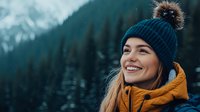 Young Caucasian woman wearing blue knit beanie and yellow winter jacket smiling outdoors with snowy mountain landscape in background during cold season.