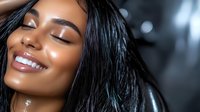 Young African American woman with radiant smile and glowing skin against dark background, eyes closed in serene expression, showcasing natural beauty and joy.