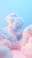 Dreamy pastel cloudscape with fluffy cumulus clouds in soft pink and blue tones against serene sky, creating ethereal atmospheric mood for wallpaper and design projects.