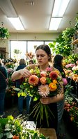 Woman florist arranging colorful dahlia and ranunculus bouquet in bright greenhouse studio with hanging plants and natural light for floral design and flower shop work.