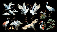 Elegant Japanese red-crowned cranes clipart set, isolated on transparent background. Includes flying, dancing, and standing poses with floral accents, ready for t-shirt design, sublimation, print on demand.