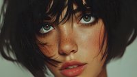 Young woman with short dark bob haircut and striking blue eyes looking directly at camera with soft natural lighting and subtle makeup.