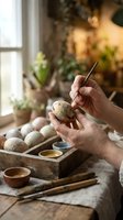 Artisan hands painting decorative Easter eggs with fine brush in cozy workshop setting with natural light and craft supplies for seasonal holiday traditions.