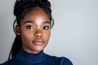 Young African American woman with natural makeup wearing navy turtleneck sweater against light gray background, displaying confident direct gaze and gentle smile.