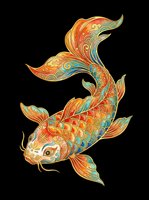 Ornate koi fish with colorful scales in red, orange, and teal, isolated on transparent background. Ready for t-shirt design, stickers, sublimation, and print on demand.