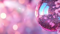 Magical pink disco ball with glitter sparkles and bokeh lights creating dreamy party atmosphere. Blurred festive background with blue and purple reflections.