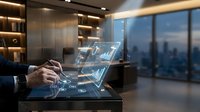 Modern businessman working on holographic interface display in luxury office with city skyline view at dusk, using futuristic technology for business analytics.