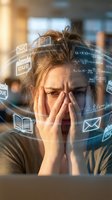 Stressed young woman overwhelmed by digital information overload with mathematical formulas and icons floating around her head in modern office.
