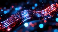 Glowing wave of red and blue light particles flowing through dark space with bokeh effect creates magical atmosphere for abstract backgrounds.