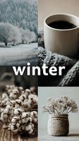 Winter mood collage with frosty trees, hot coffee, cotton flowers, and knitted textures in muted tones for seasonal social media content.
